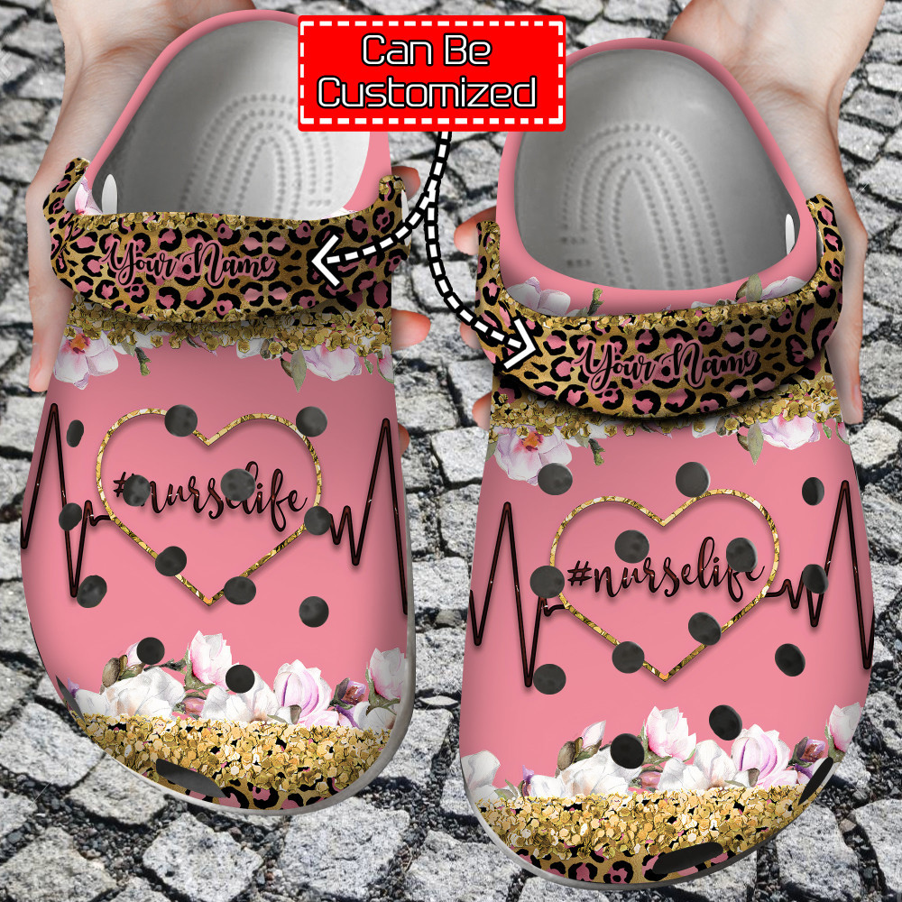 Nurse Crocs - Personalized Nurse Life Heart Glitter Leopard Clog Shoes For Men And Women