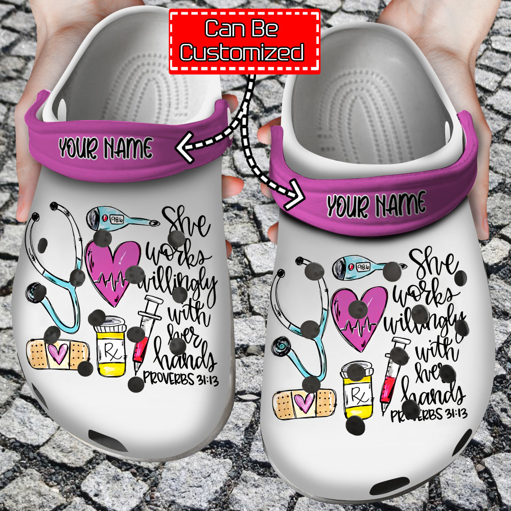 Nurse Crocs - Personalized Nurse She Works Willingly Clog Shoes For Men And Women