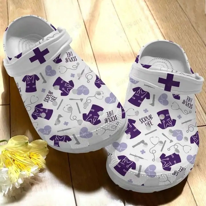 Nurse Scrub Life Nursing Job Symbols Pattern Purple Crocs Crocband Clog Shoes For Men Women