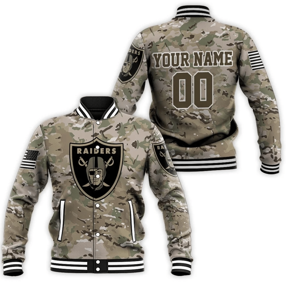 Oakland Raiders Camouflage Veteran Personalized Baseball Jacket for Men Women