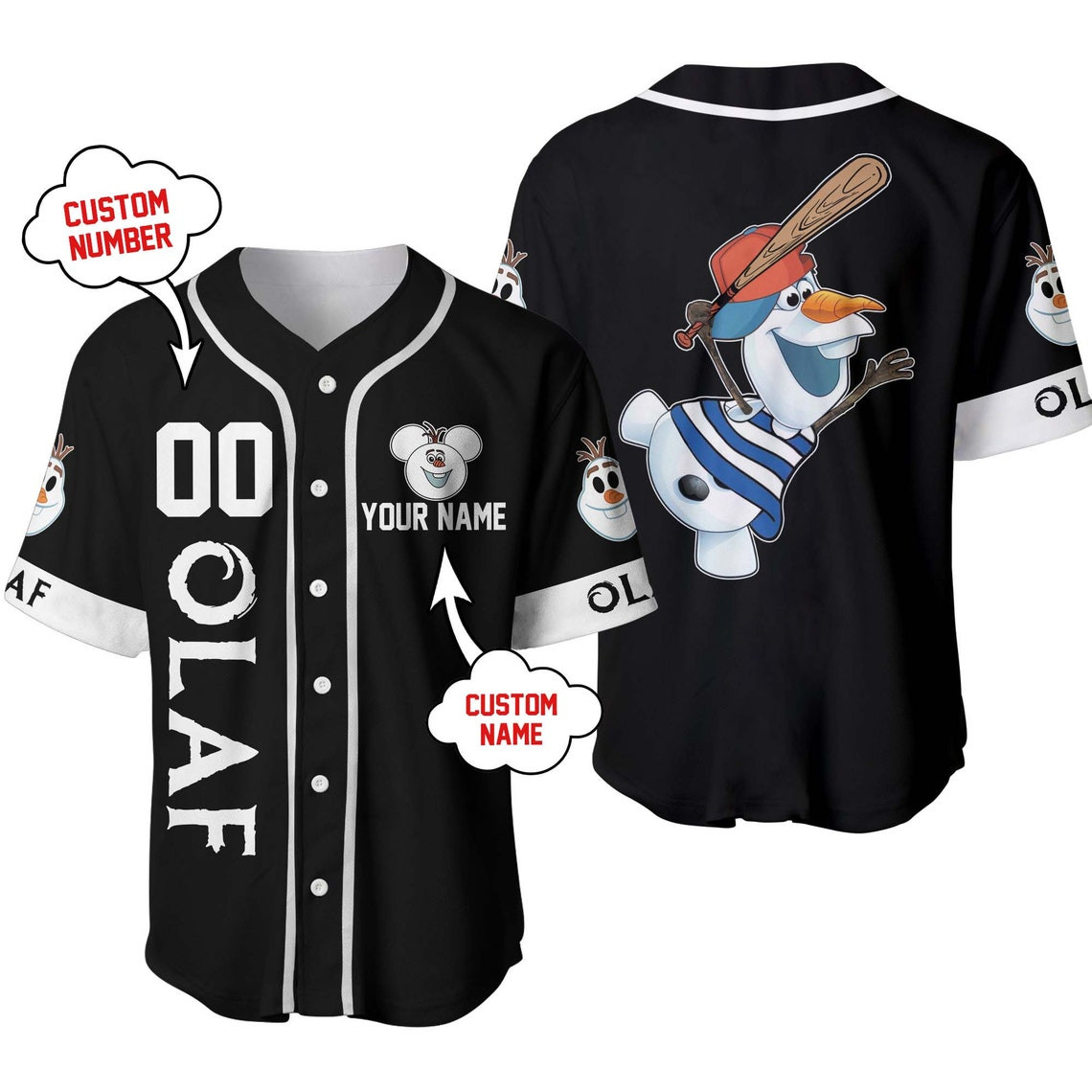 Olaf Frozen Black White Disney Unisex Cartoon Custom Baseball Jersey Personalized Shirt Men Women