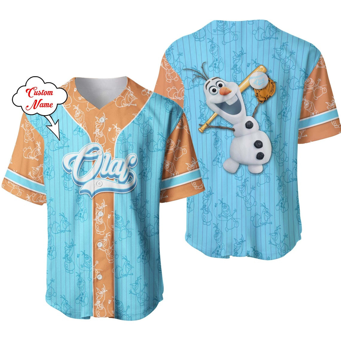 Olaf Frozen Blue Orange Patterns Disney Unisex Cartoon Custom Baseball Jersey Personalized Shirt Men Women