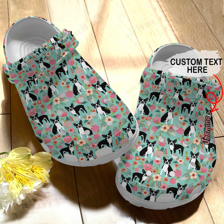Personalized Boston Terrier Floral Pattern Crocs Classic Clogs Shoes