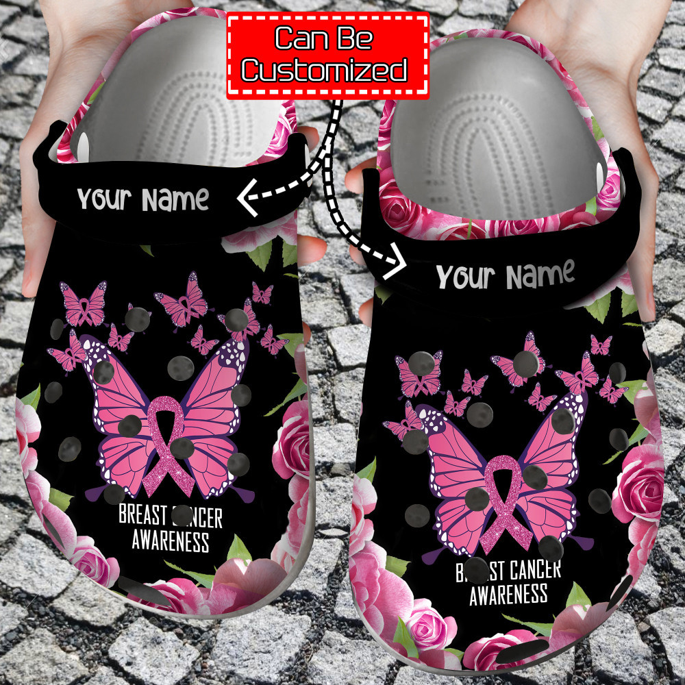 Personalized Breast Cancer Awareness Crocs - Butterfly Breast Cancer Awareness For Men And Women