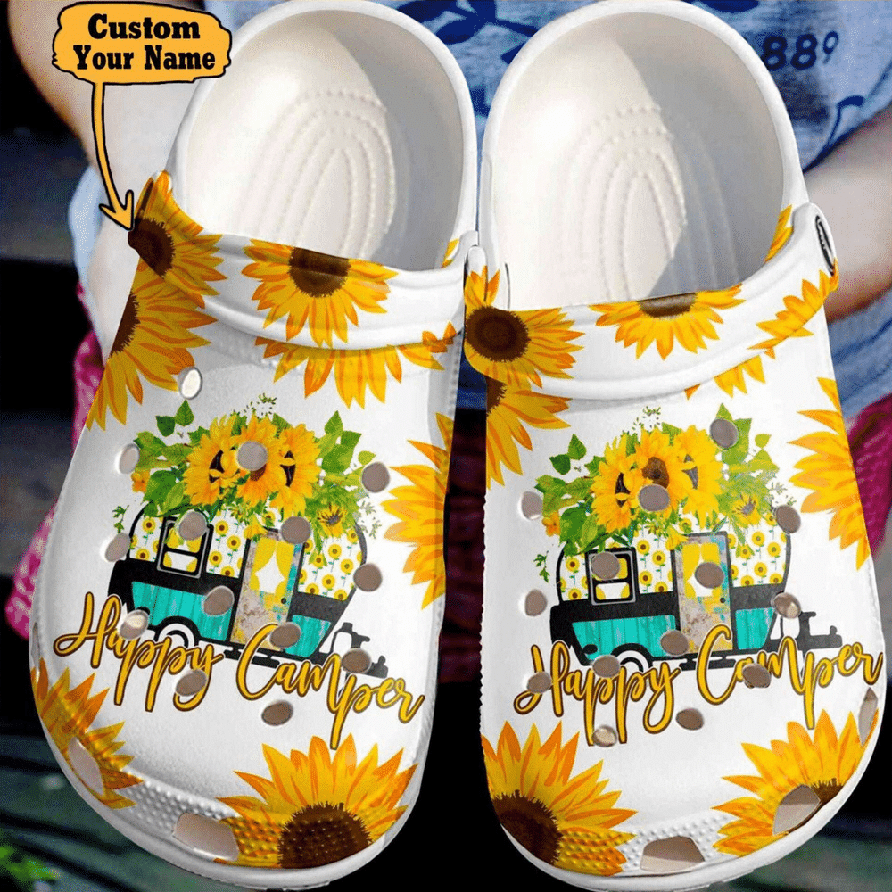 Personalized Camping Crocs - Happy Camper Sunflower Clog Shoes For Men And Women