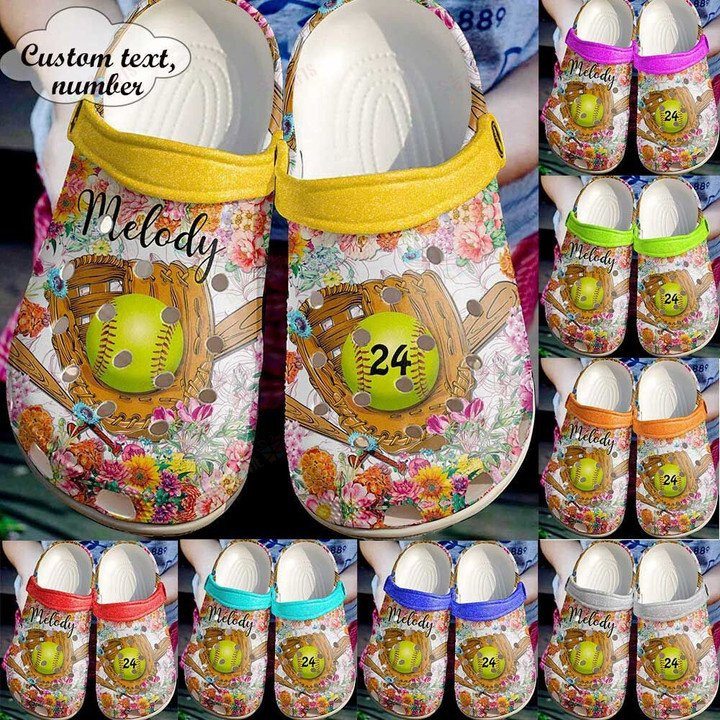 Personalized Floral Softball Crocs Classic Clogs Shoes