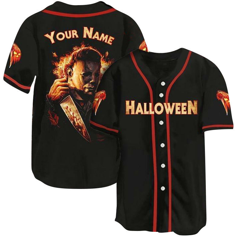 Personalized Halloween Michael Myers With Knife On Fire Jersey Shirt