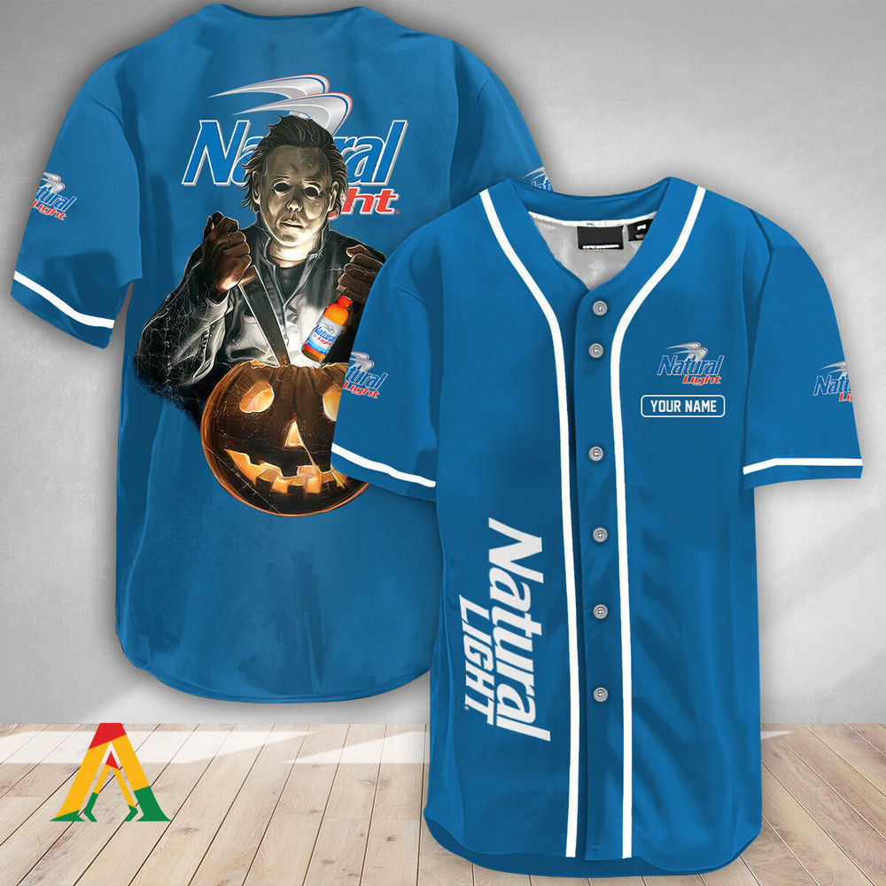 Personalized Michael Myers Pumpkin Natural Light Baseball Jersey Unisex Jersey Shirt for Men Women