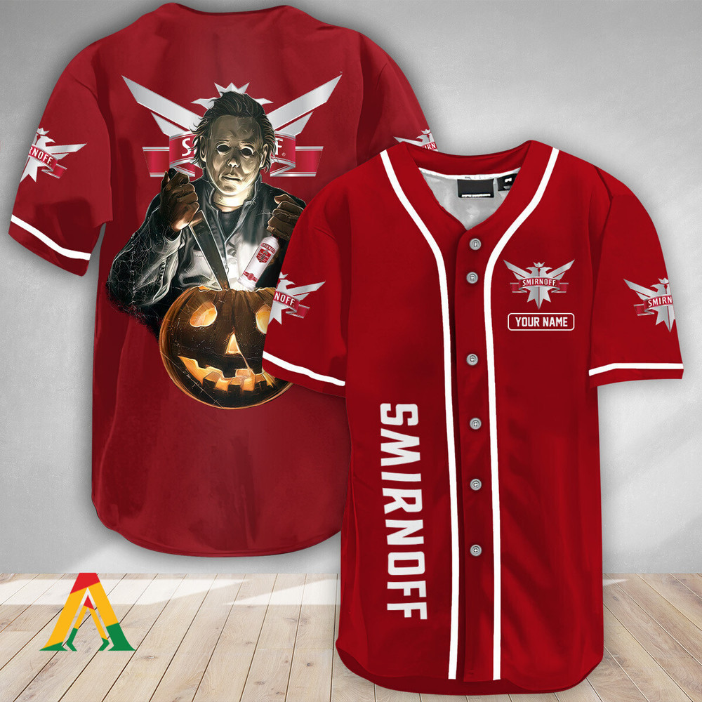 Personalized Michael Myers Pumpkin Smirnoff Vodka Baseball Jersey Unisex Jersey Shirt for Men Women
