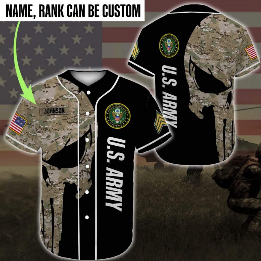 Personalized Name And Rank Us Army Skull Camo Black Baseball Jersey