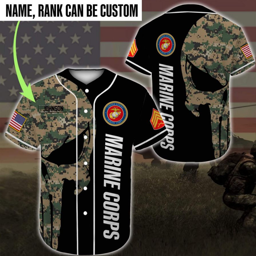 Personalized Name And Rank Us Marine Corps Skull Camo Black Baseball Jersey