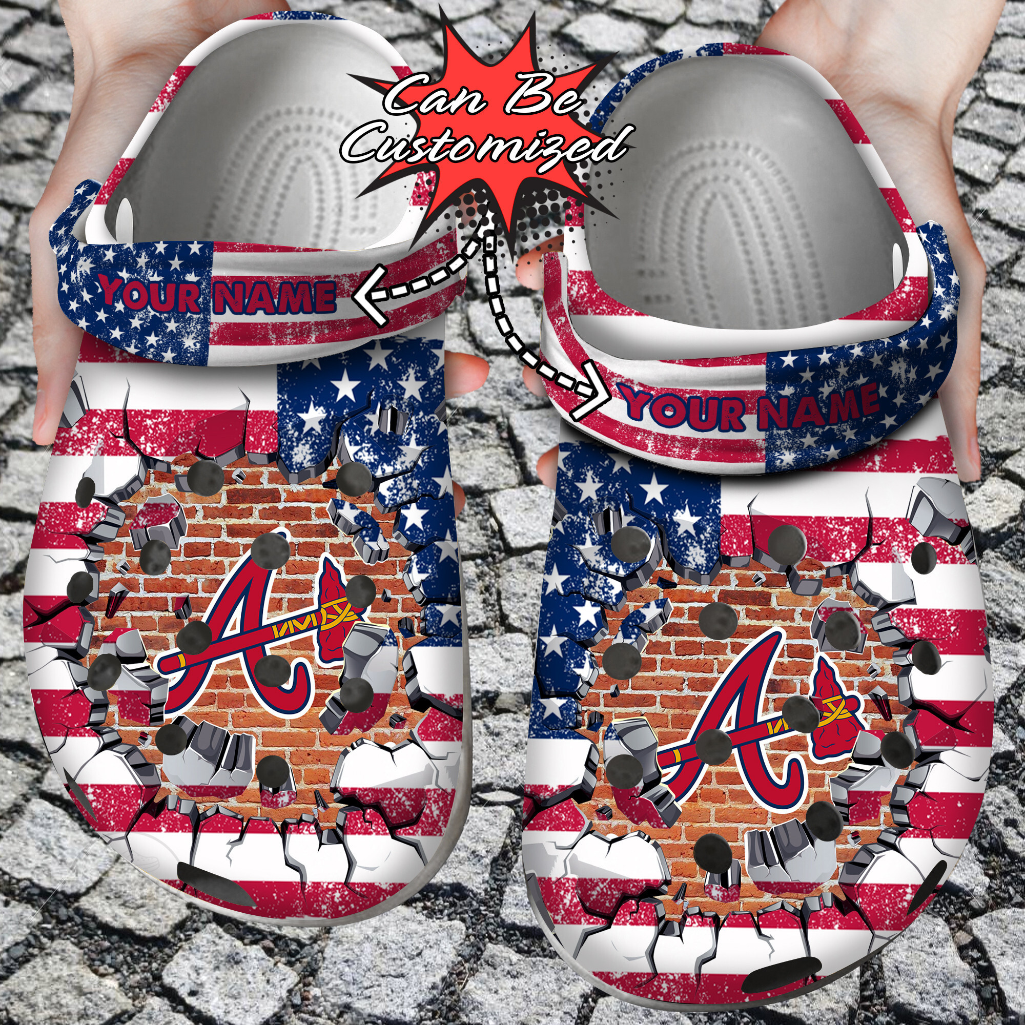 Personalized Name  Logo Baseball Team American Flag Breaking Wall Crocs Clog Shoes