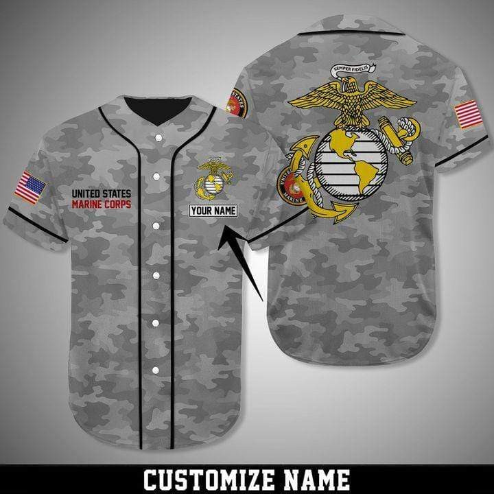 Personalized Name Us Marine Corps Veteran Grey Camo Baseball Jersey