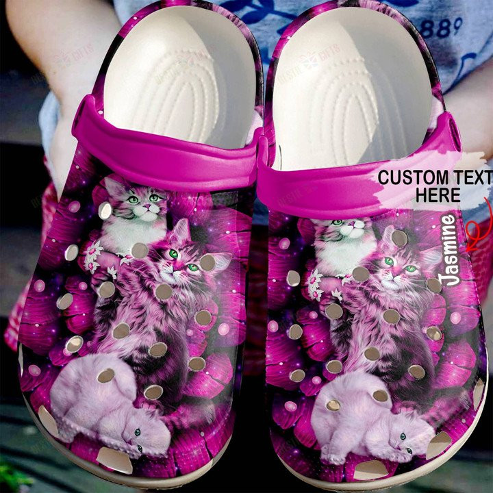 Personalized Pink Floral Cats Crocs Classic Clogs Shoes