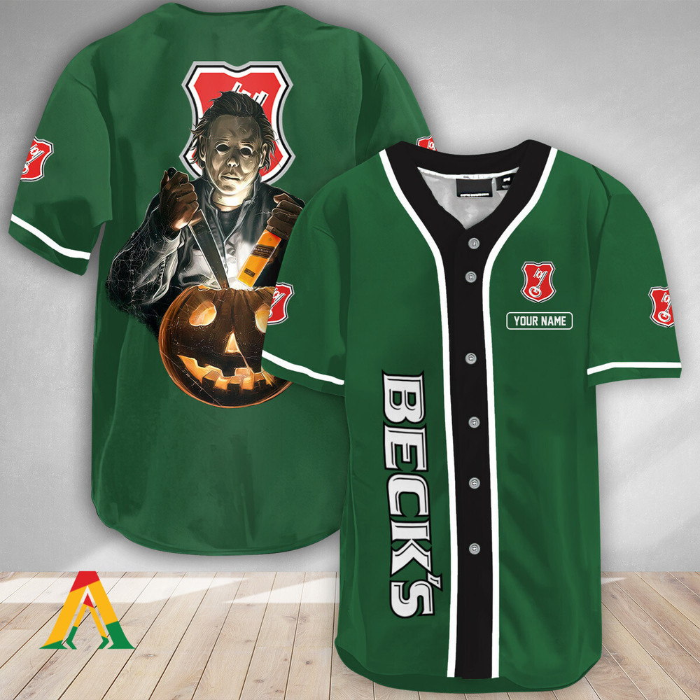 Personalized Scary Michael Myers Pumpkin Becks Beer Baseball Jersey Unisex Jersey Shirt for Men Women