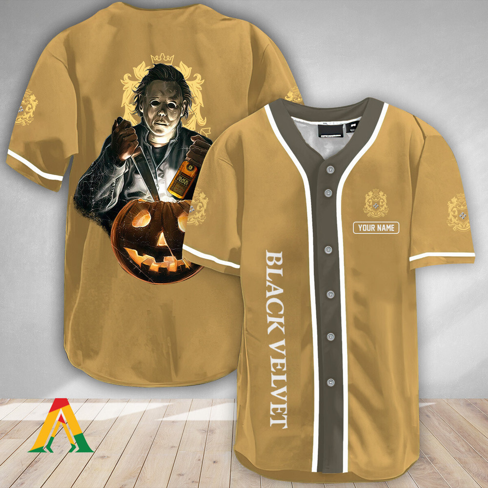 Personalized Scary Michael Myers Pumpkin Black Velvet Baseball Jersey Unisex Jersey Shirt for Men Women