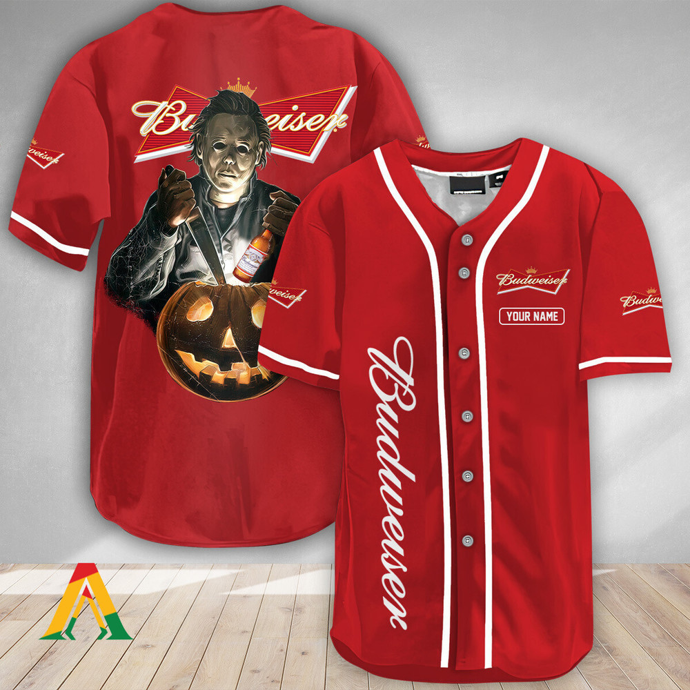 Personalized Scary Michael Myers Pumpkin Budweiser Baseball Jersey Unisex Jersey Shirt for Men Women