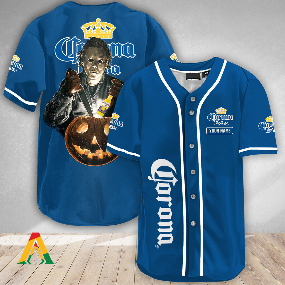 Personalized Scary Michael Myers Pumpkin Corona Extra Baseball Jersey Unisex Jersey Shirt for Men Women