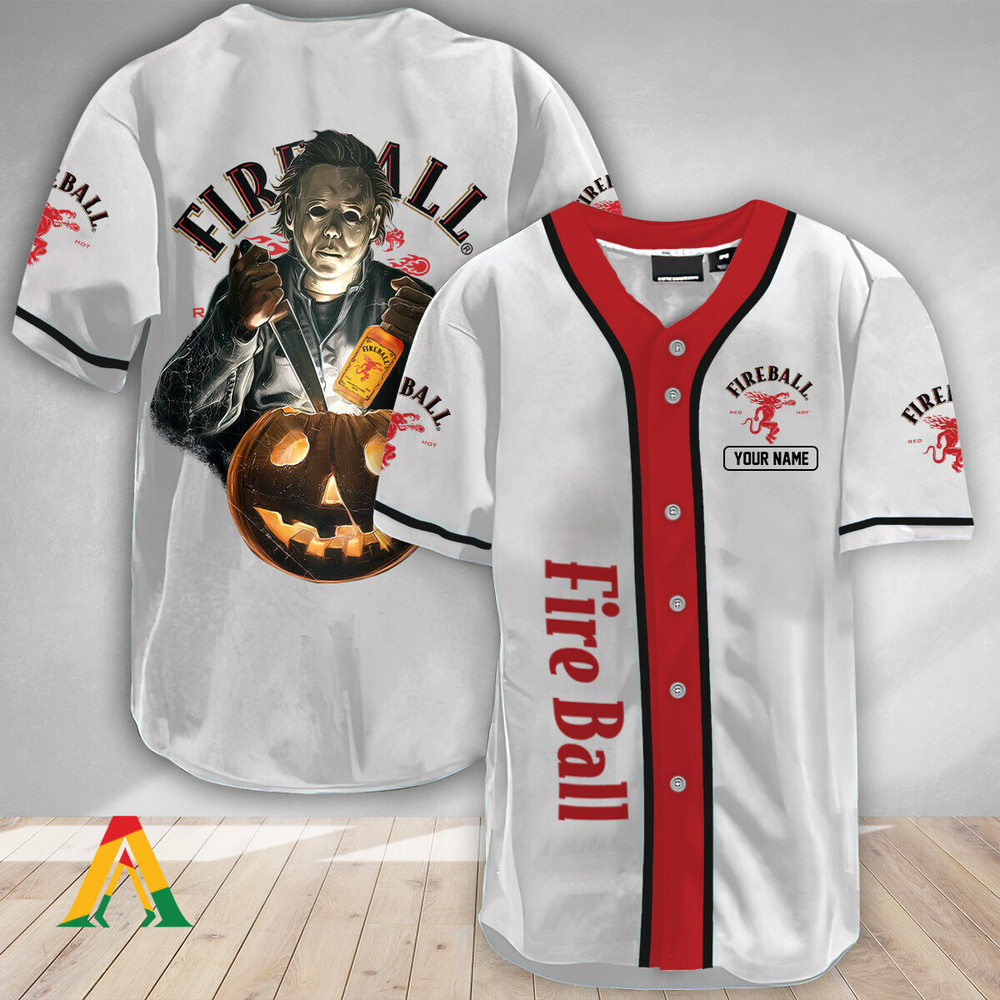 Personalized Scary Michael Myers Pumpkin Fireball Baseball Jersey Unisex Jersey Shirt for Men Women
