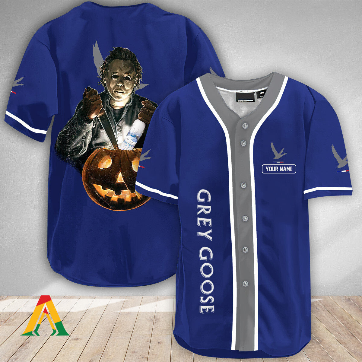 Personalized Scary Michael Myers Pumpkin Grey Goose Baseball Jersey