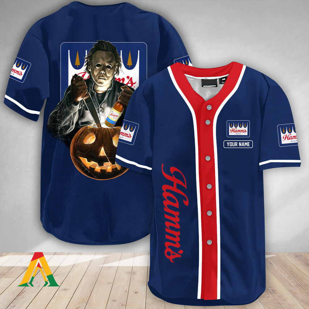 Personalized Scary Michael Myers Pumpkin Hamms Beer Baseball Jersey Unisex Jersey Shirt for Men Women