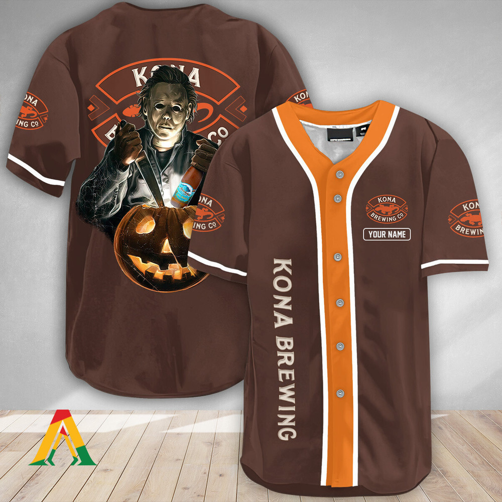 Personalized Scary Michael Myers Pumpkin Kona Brewing Baseball Jersey Unisex Jersey Shirt for Men Women