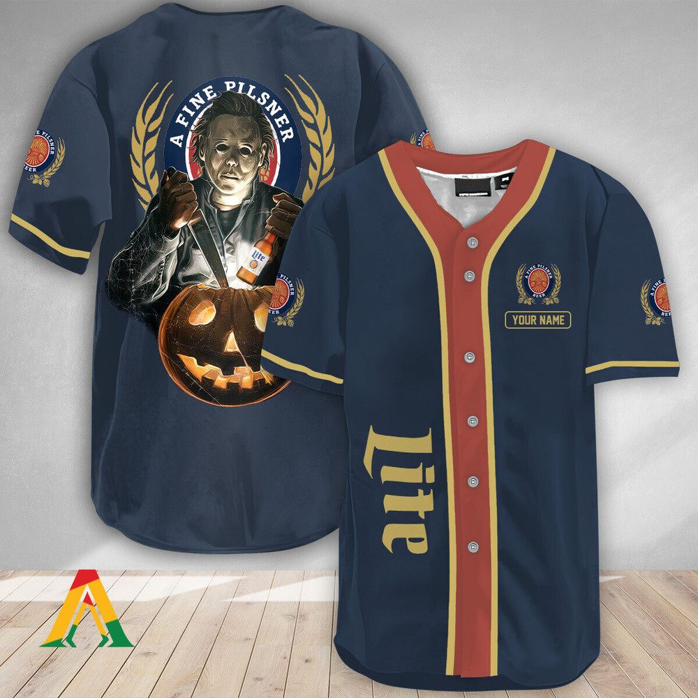 Personalized Scary Michael Myers Pumpkin Miller Lite Baseball Jersey Unisex Jersey Shirt for Men Women