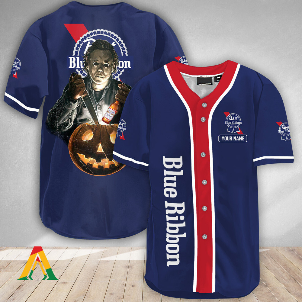 Personalized Scary Michael Myers Pumpkin Pabst Blue Ribbon Jersey Unisex Jersey Shirt for Men Women