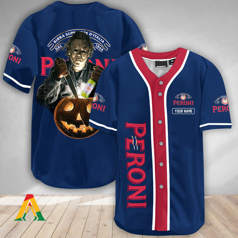 Personalized Scary Michael Myers Pumpkin Peroni Beer Baseball Jersey Unisex Jersey Shirt for Men Women