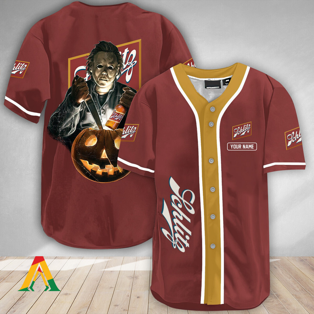 Personalized Scary Michael Myers Pumpkin Schlitz Beer Baseball Jersey Unisex Jersey Shirt for Men Women