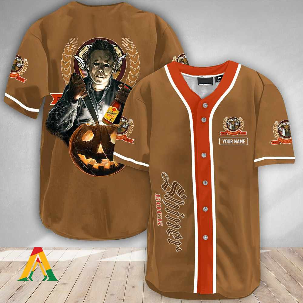 Personalized Scary Michael Myers Pumpkin Shiner Bock Baseball Jersey Unisex Jersey Shirt for Men Women