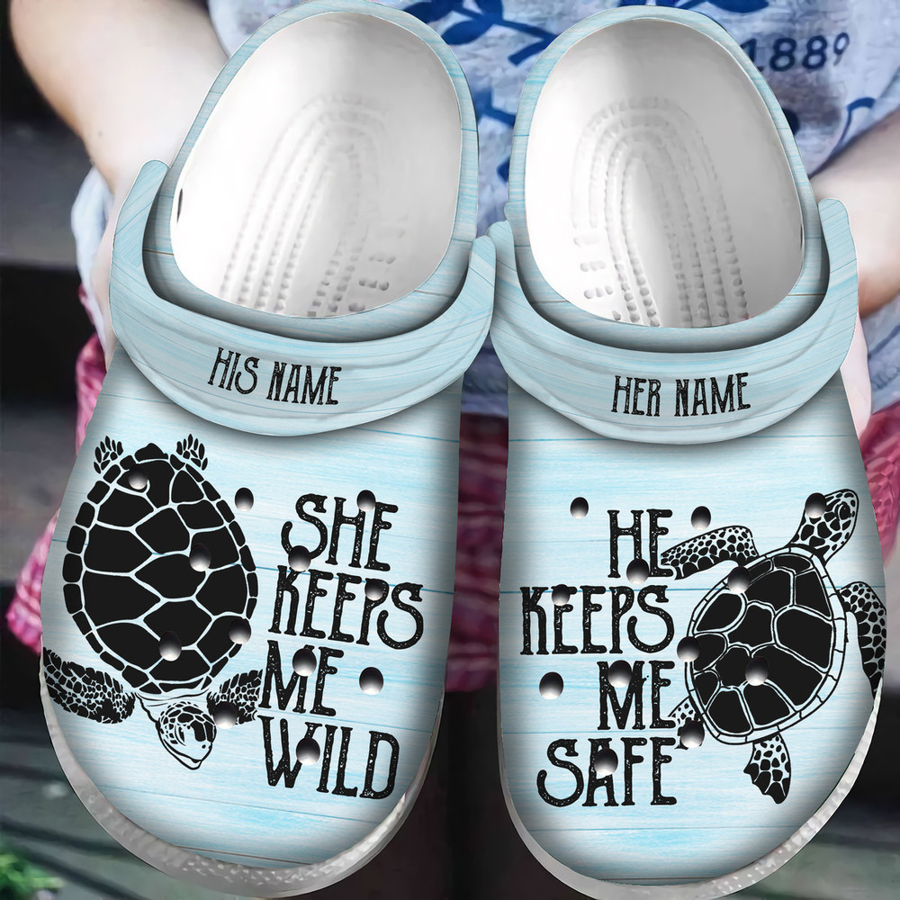 Personalized She Keeps Me Wild He Keeps Me Safe Turtle Couple Crocs Classic Clog Shoes