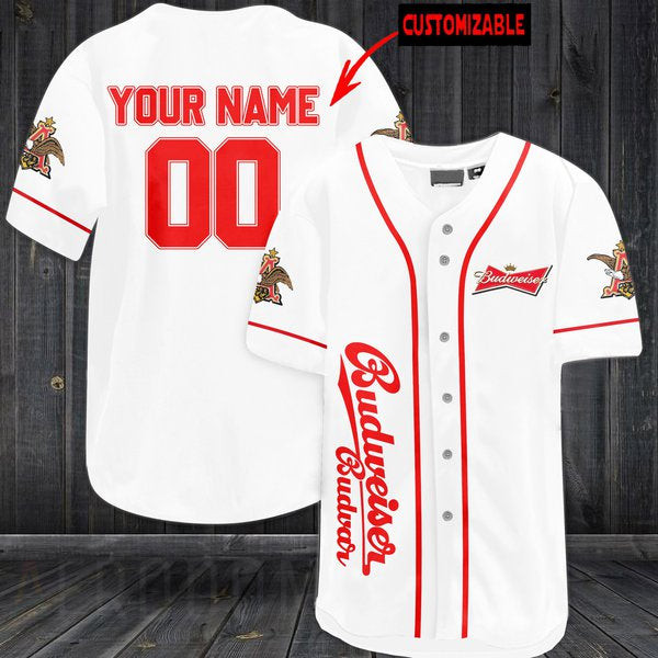 Personalized White Budweiser Beer Baseball Jersey