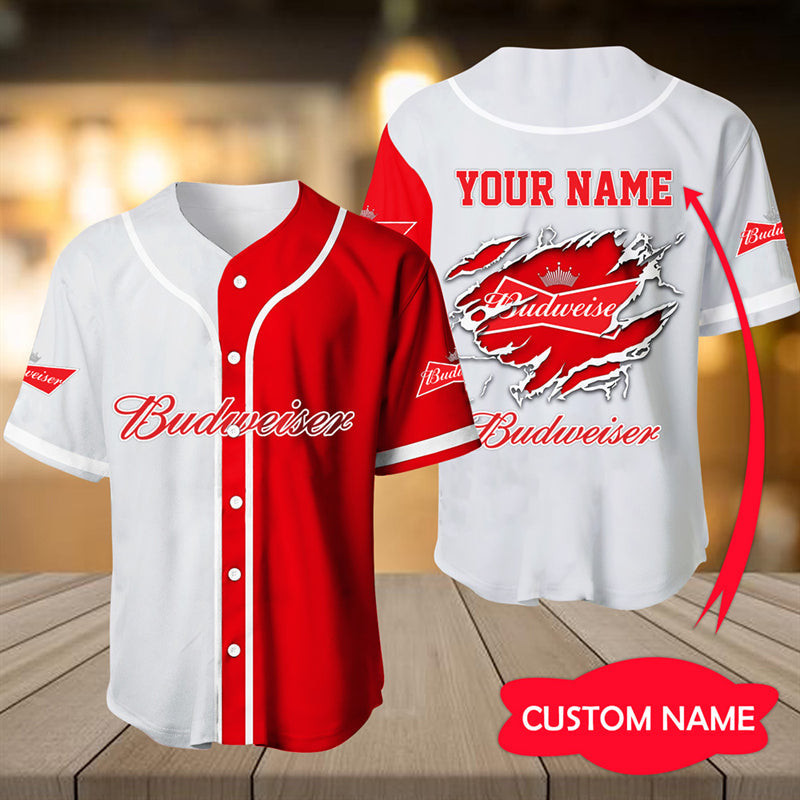 Personalized White  Red Budweiser Baseball Jersey