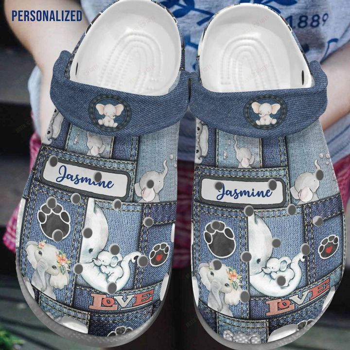 Personalized White Sole Elephant Jean Pattern Crocs Classic Clogs Shoes