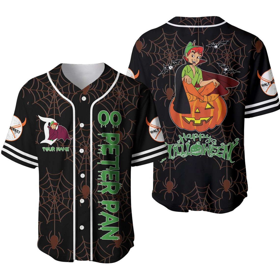 Peter Pan Black Green Happy Halloween Disney Unisex Cartoon Custom Baseball Jersey Personalized Shirt Men Women