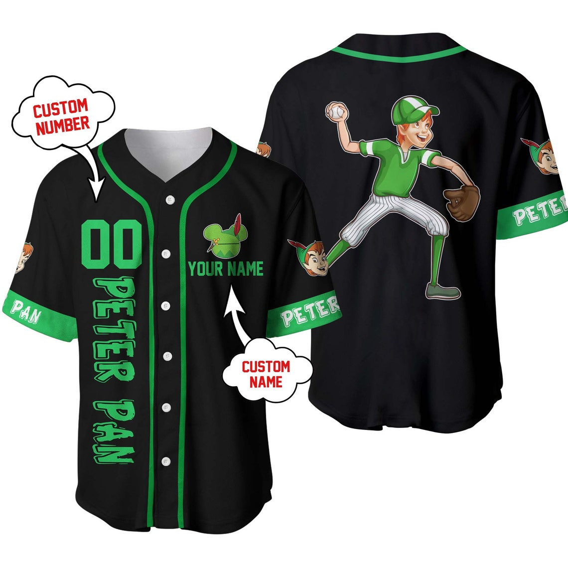 Peter Pan Green Black Disney Unisex Cartoon Custom Baseball Jersey Personalized Shirt Men Women