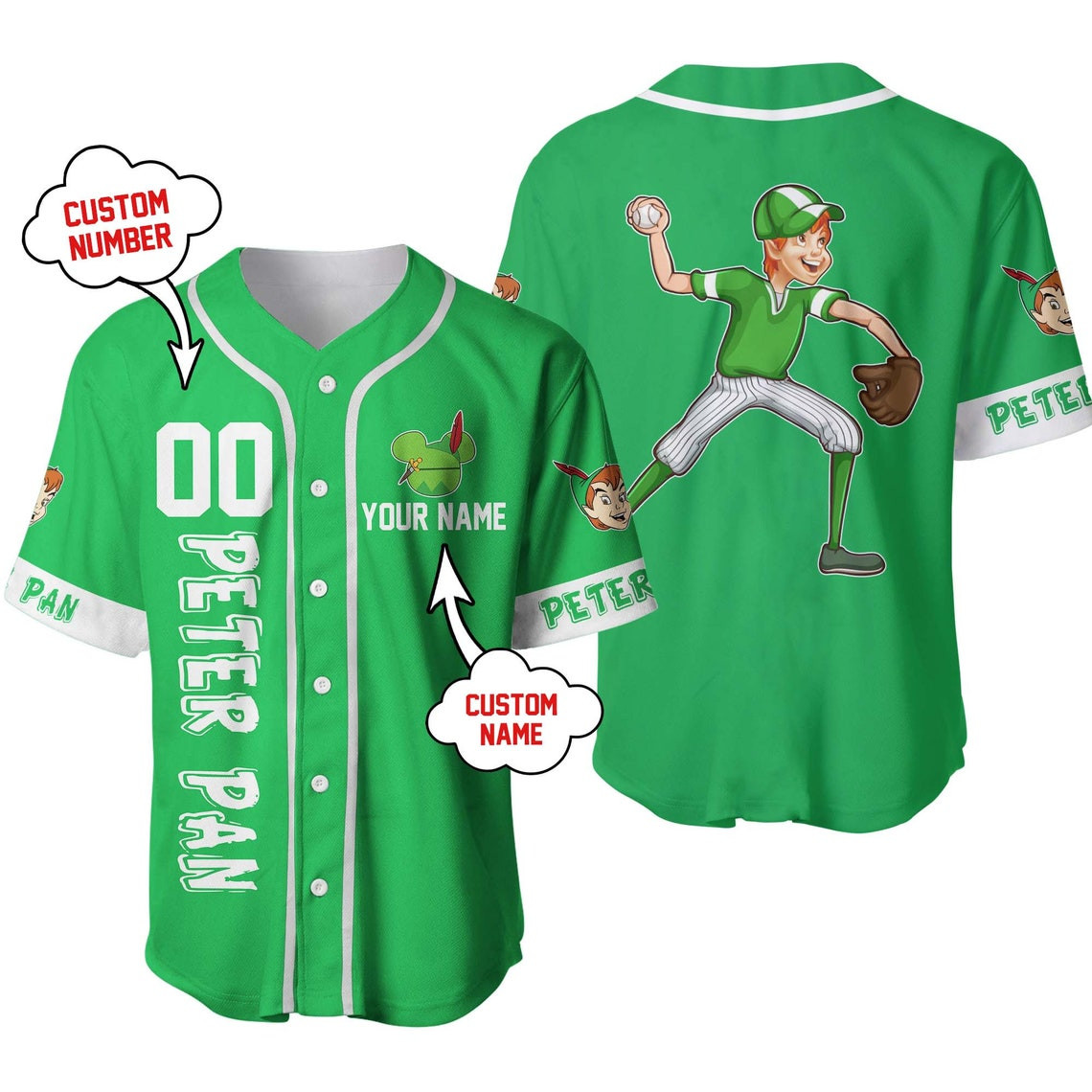 Peter Pan Green Custom Name Number Disney Unisex Cartoon Custom Baseball Jersey Personalized Shirt Men Women