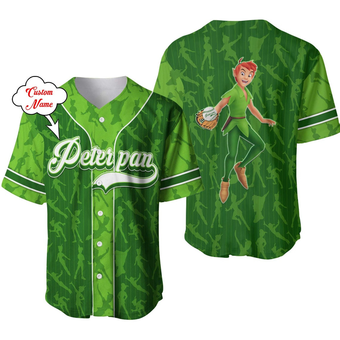 Peter Pan Green White Patterns Disney Unisex Cartoon Custom Baseball Jersey Personalized Shirt Men Women
