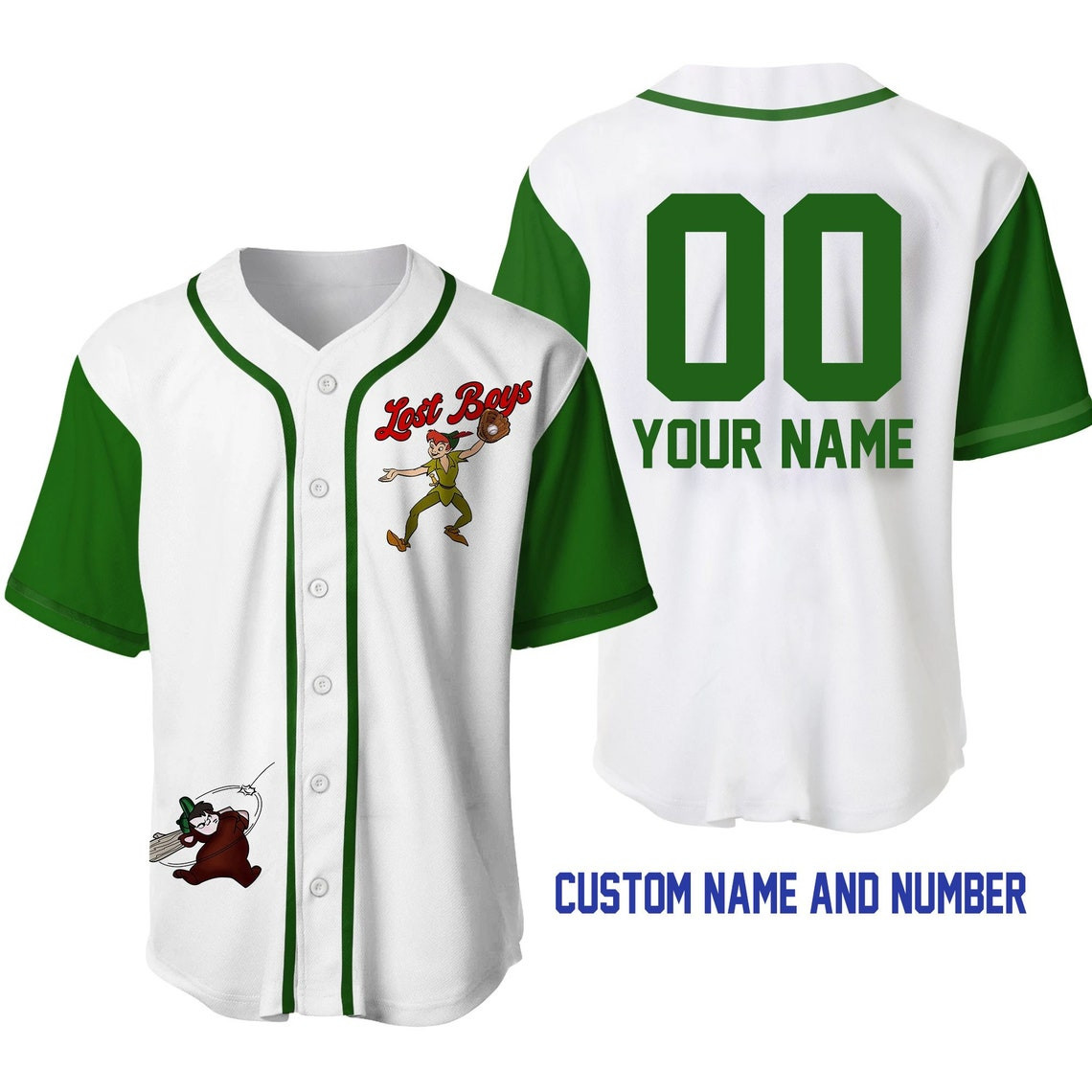 Peter Pan Lost Boys White Green Disney Unisex Cartoon Custom Baseball Jersey Personalized Shirt Men Women