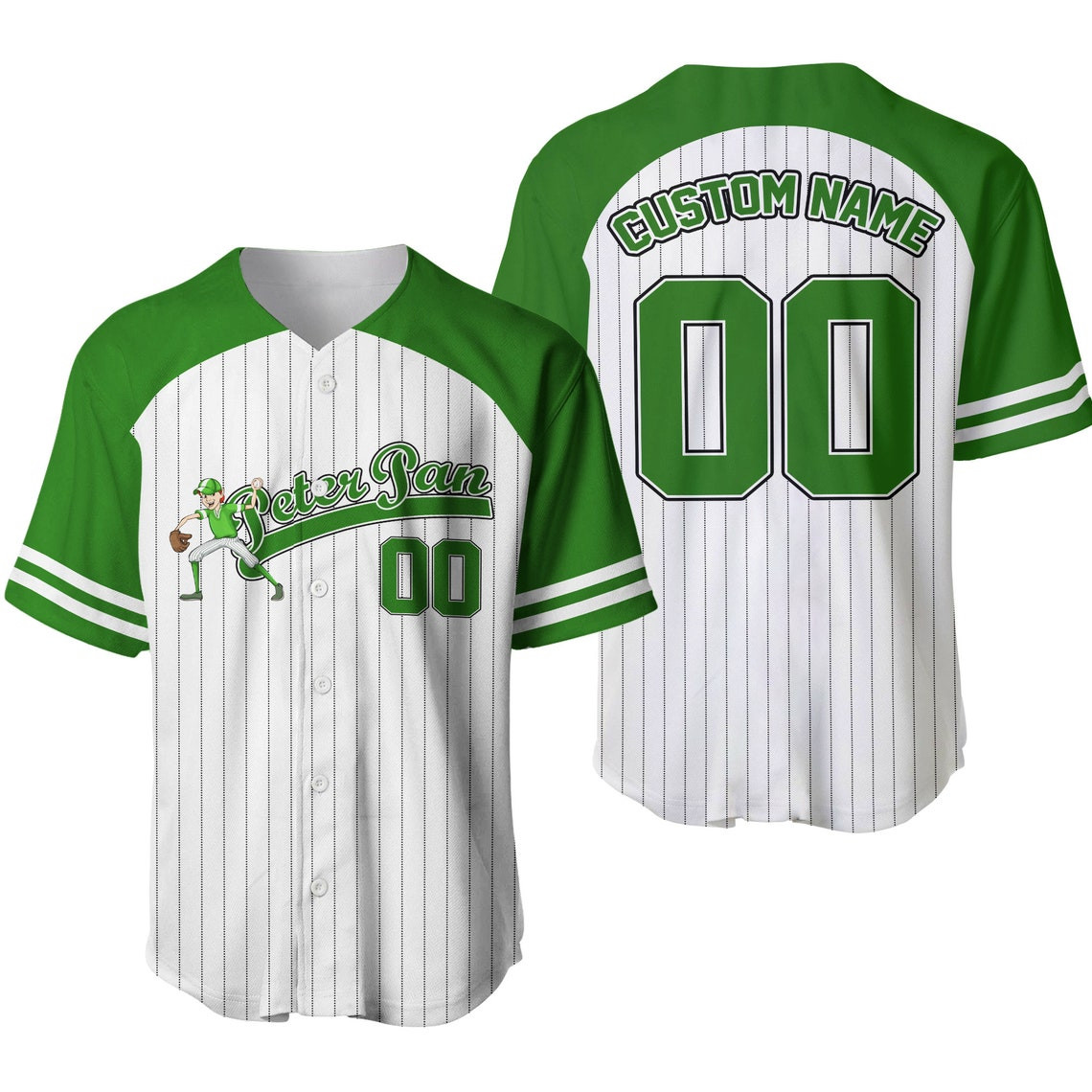 Peter Pan Striped Green White Unisex Cartoon Custom Baseball Jersey Personalized Shirt Men Women