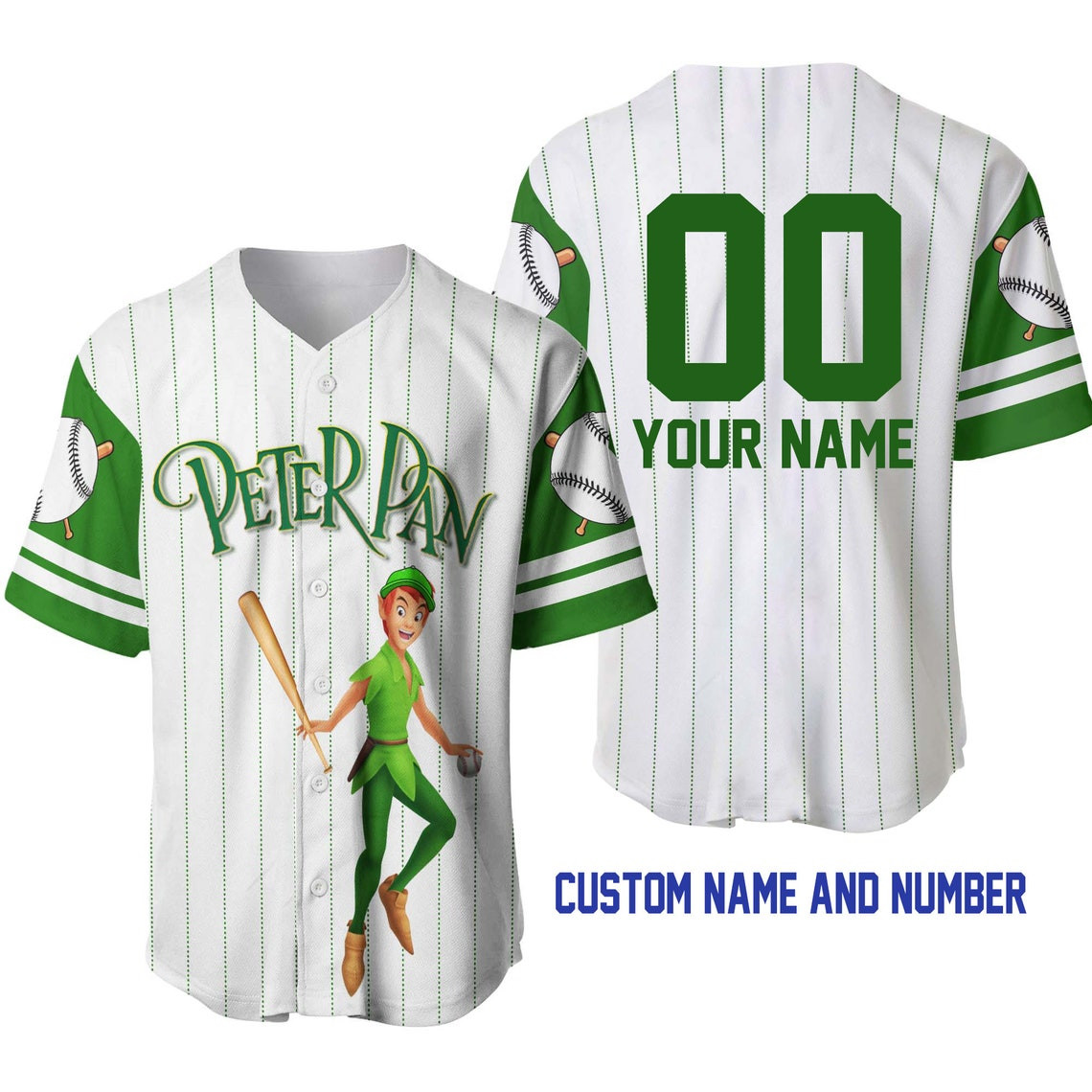 Peter Pan White Green Disney Unisex Cartoon Custom Baseball Jersey Personalized Shirt Men Women