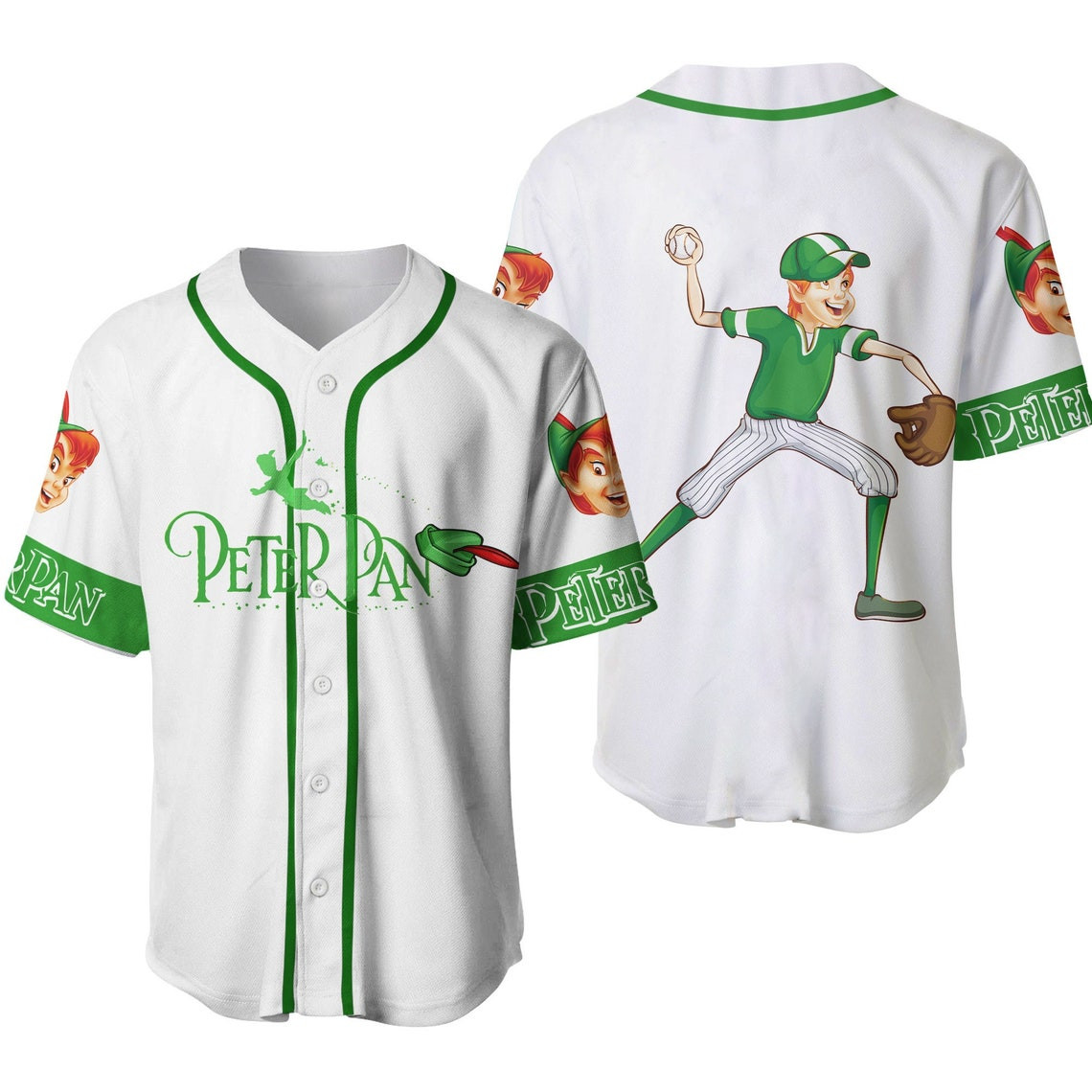 Peter Pan White Green Disney Unisex Cartoon Custom Baseball Jersey Personalized Shirt Men Women