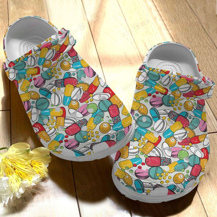 Pharmacy Colorful Pills Background Crocs Classic Clogs Shoes