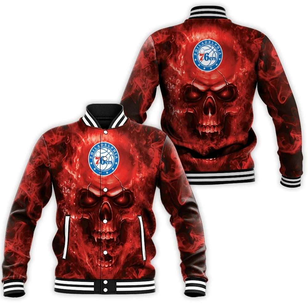 Philadelphia 76ers Nba Fans Skull Baseball Jacket for Men Women