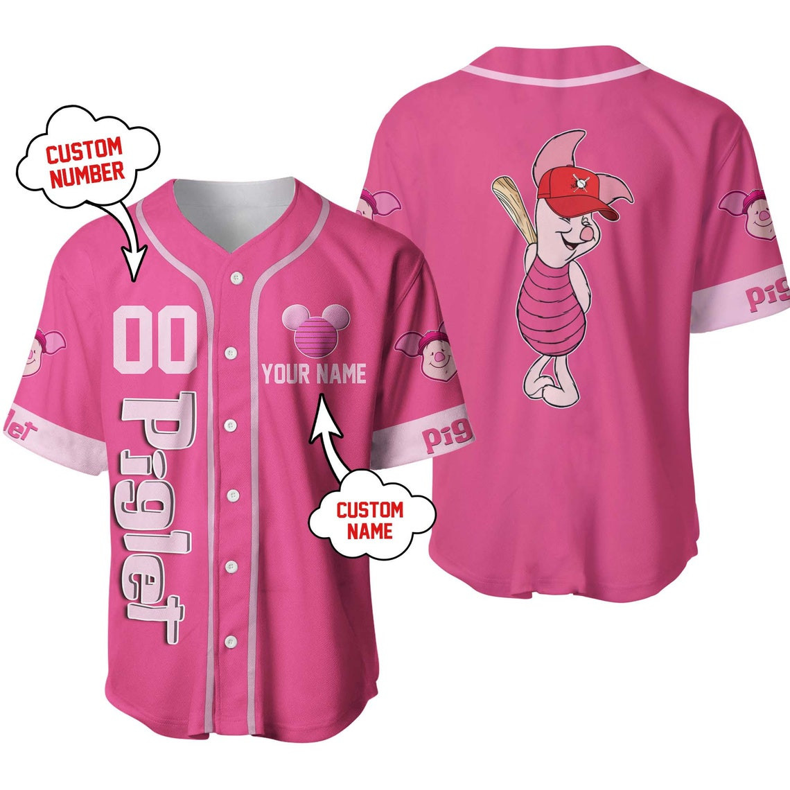 Piglet Pig Pink White Disney Unisex Cartoon Custom Baseball Jersey Personalized Shirt Men Women