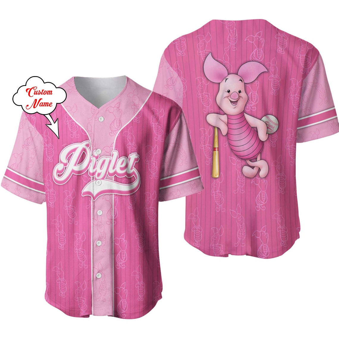 Piglet Winnie Pooh Pink White Patterns Disney Unisex Cartoon Custom Baseball Jersey Personalized Shirt Men Women