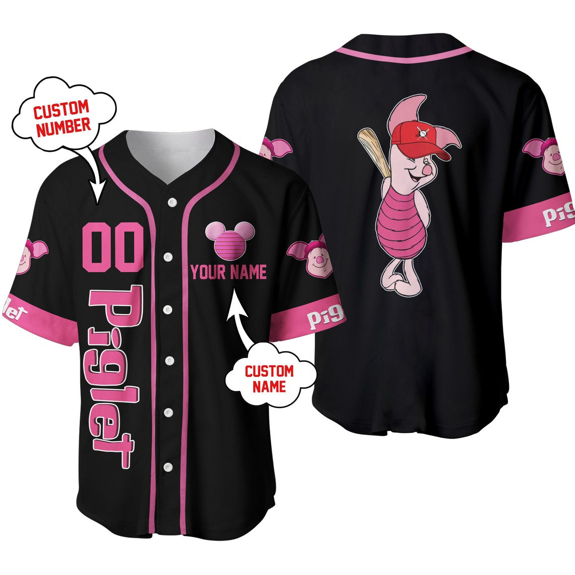 Piglet Winnie The Pooh Pink Black Disney Unisex Cartoon Custom Baseball Jersey Personalized Shirt Men Women