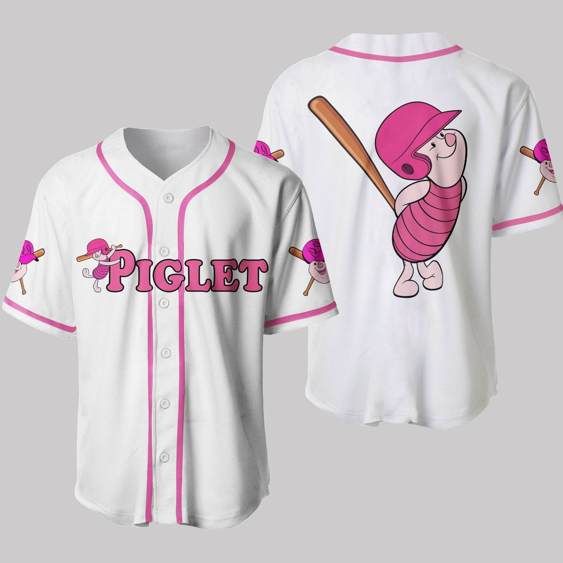 Piglet Winnie The Pooh White Pink Disney Unisex Cartoon Custom Baseball Jersey Personalized Shirt Men Women