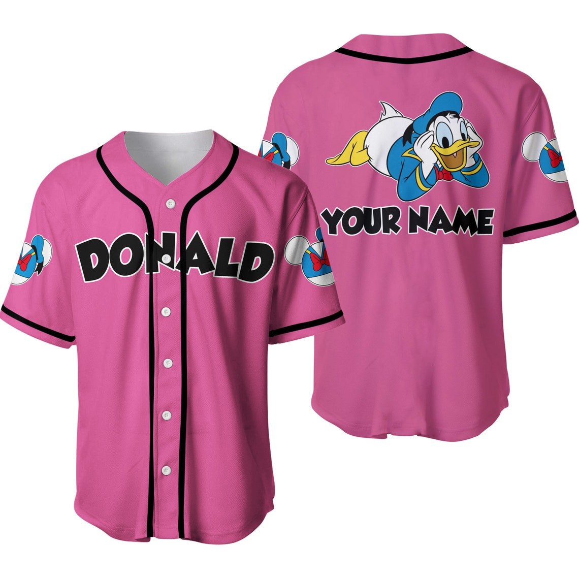 Pink Black Donald Duck Disney Unisex Cartoon Custom Baseball Jersey Personalized Shirt Men Women